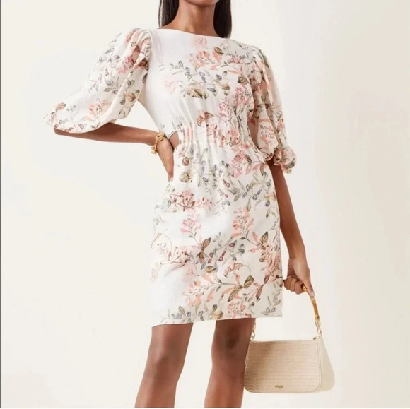 Cara Cara Floral Botanical Cut Out Mini Linen Dress Puff Sleeve Short 0 - Picture 1 of 11